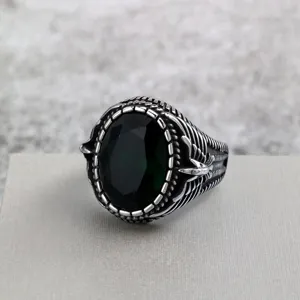 Vintage stainless steel men ring with green oval glass stone and detailed bird wing side bands.