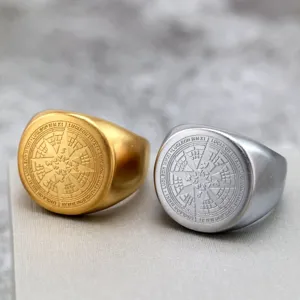 Anillo de Sello de Brújula de Acero Inoxidable Vintage para Hombres Mujeres Pulido Geométrico Redondo Parte Superior Plana Marinero Anillo Punk Hip Hop