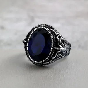Vintage stainless steel men ring with blue stone double bird carved band retro jewelry detail