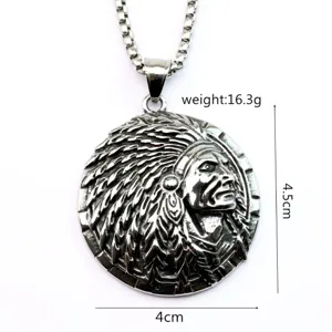 Retro stainless steel men's Indian chief pendant necklace with detailed relief design.