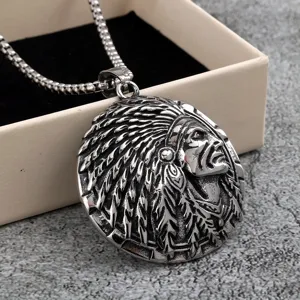 Vintage Stainless Steel Indian Chief Pendant Necklace For Men Western Punk Carving Round Coin Avatar Pendant Necklace Charm Gift