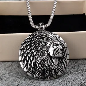 Vintage stainless steel Indian chief pendant necklace for men retro rock style detail view