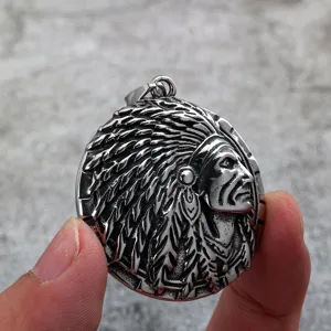 Retro Stainless Steel Indian Chief Pendant for Men Vintage Detailed Necklace Jewelry