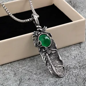 Retro stainless steel men's feather pendant necklace with green gemstone vintage jewelry.
