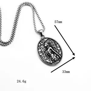 Stainless steel retro men necklace pendant showing detailed Indian chief design with dimensions.