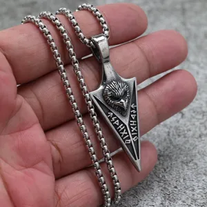 Collier pendentif tête d'aigle en acier inoxydable vintage pour homme avec runes vikings