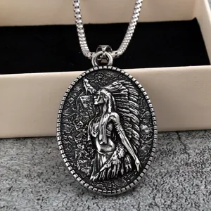 Vintage stainless steel men pendant necklace featuring detailed Indian chief embossed design.