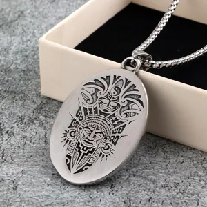Retro stainless steel men's pendant necklace featuring a tribal totem mask design detail.
