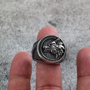 Edler Vintage Edelstahl Herrenring Wikinger Odin Wolfskopf Retro Biker Schmuck