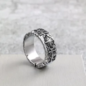 Vintage Stainless Steel Ring For Men Retro Distressed Sun Compass Pirate Anchor Pattern Punk Biker Wide Band Ring Jewelry
