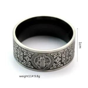Vintage stainless steel men ring with Saint Benedict cross pattern, width 1cm, stylish band.