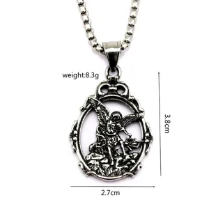 Vintage stainless steel St. Michael angel pendant necklace for men and women fashion.