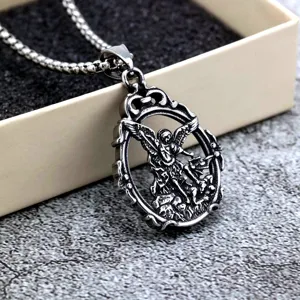 Vintage Stainless Steel Angel Archangel Saint Michael Medal Pendant Necklace For Men Women Antique Religious Coin Necklaces Amulet