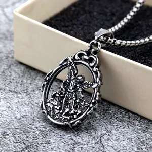 Vintage Stainless Steel Archangel Michael Pendant Necklace Religious Jewelry For Men