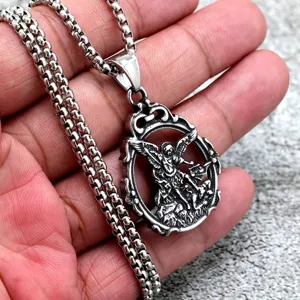 Vintage stainless steel archangel Michael medal pendant necklace detail view for men and women