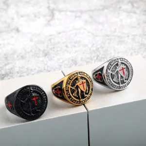 Retro Stainless Steel Men Templar Knight Ring Medieval Crusader Cross Armor Statement Ring Punk Band Biker Jewelry Gift