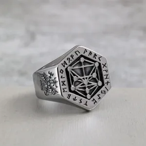 Nordic vintage stainless steel men ring featuring sacred geometry and viking runes detail view.