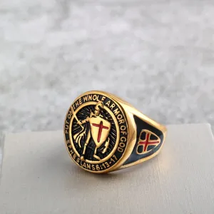 Vintage stainless steel men ring medieval templar cross religious jewelry detail view
