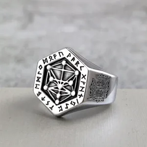 Vintage Stainless Steel Viking Compass Ring For Men Hexagonal Nordic Runes Geometric Carved Heavy Metal Punk Rock Biker Finger Ring Jewelry Gift