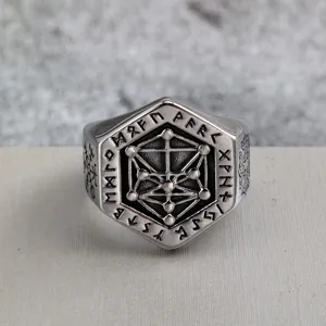 Detailed view of a Nordic retro stainless steel men ring featuring Viking compass runes.