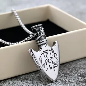 Nordic retro stainless steel wolf arrowhead pendant with chain for men and women stylish.
