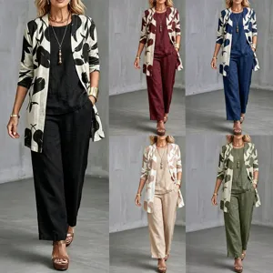 Women's Fashion Woven Geometric Leaf Print 3-Piece Set Long Sleeve Open Front Cardigan Tank Top And Pocket Long Pants Set
