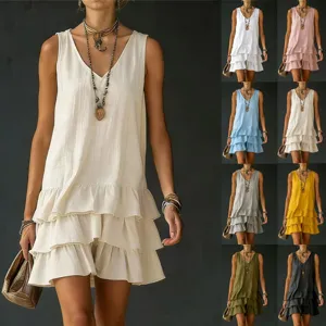 Women Fashion Loose Sleeveless V-Neck Tiered Ruffle Tank Dress Casual Solid Color Mini Layered Sun Dress Summer Vacation Apparel
