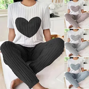 Dames Casual Top En Broek Set Ribgebreid Hart Patch Korte Mouw T-Shirt En Lange Broek Streetwear Loungewear Outfit