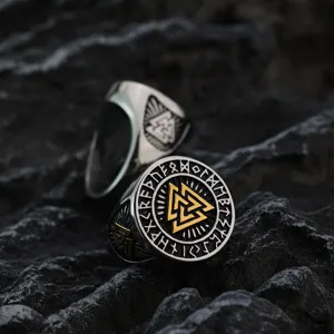 Nordic vintage stainless steel mens ring viking triangle runic ring close up view