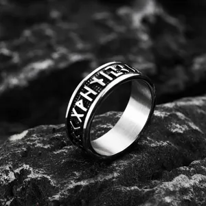 Retro stainless steel ring with Viking runes design, unisex fashion jewelry band for daily wear.