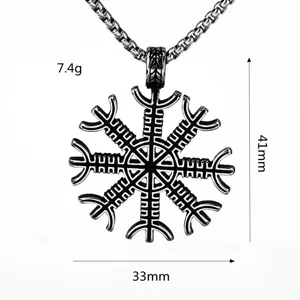 Mens stainless steel Viking compass pendant necklace with 41mm height and 7.4g weight.