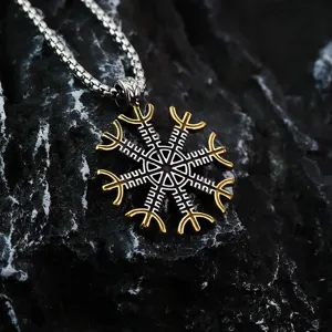 Close-up detailed view of vintage stainless steel Viking compass pendant necklace product.
