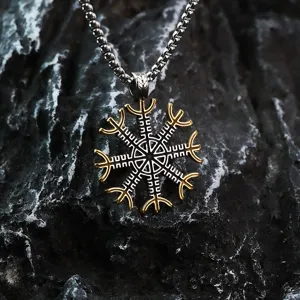 Detailed view of stainless steel Viking compass pendant necklace, Norse retro metal texture rune.