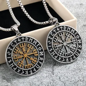 Nordic Vintage Stainless Steel Vegvisir Viking Compass Pendant Necklace For Men Women Runic Double Sided Round Medal Amulet Jewelry Gift