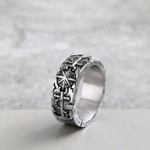 Vintage stainless steel men's ring retro compass anchor carved band statement jewelry for daily wear