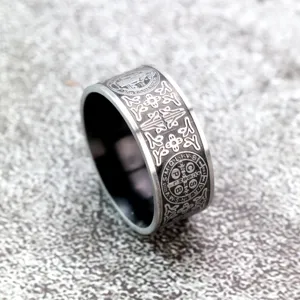 Vintage stainless steel ring for men featuring Saint Benedict cross and exorcism engravings.