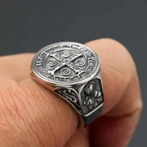 Vintage stainless steel Saint Benedict cross ring for men, detailed exorcism signet ring.