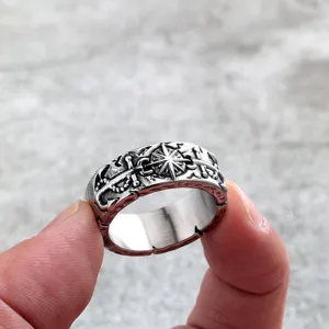 Vintage stainless steel ring for men with compass and anchor motif retro band jewelry