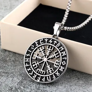 Stainless steel Viking compass pendant necklace featuring Norse runes in vintage style.