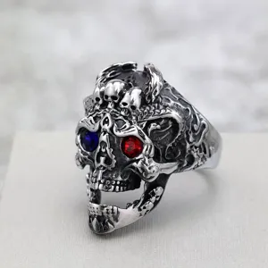 Vintage Roestvrij Staal Heren Schedel Ring Punk Biker Sieraden Rood Blauw Edelsteen Detail