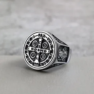 Vintage Stainless Steel Saint Benedict Cross Exorcism Ring For Men Religion Latin Carving Relief Geometric Signet Biker Jewelry Gift