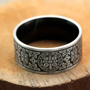 Stainless steel vintage St. Benedict cross ring detail, religious exorcism band.