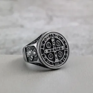 Vintage Stainless Steel Saint Benedict Cross Exorcism Ring for Men Retro Religious Jewelry