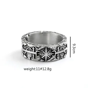 Vintage stainless steel men's ring featuring detailed sun and anchor relief design.