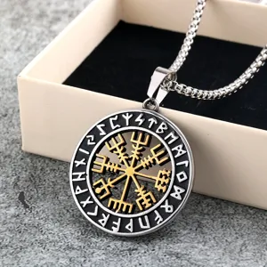 Nordic retro stainless steel Viking compass pendant necklace, detailed rune engravings.