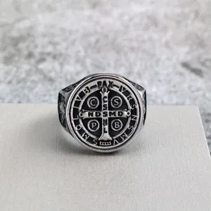 Vintage stainless steel men ring featuring Saint Benedict cross exorcism design for daily wear.