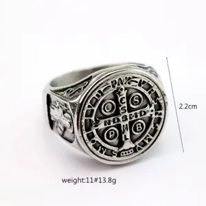 Vintage stainless steel St. Benedict cross ring for men, gothic exorcism band jewelry.