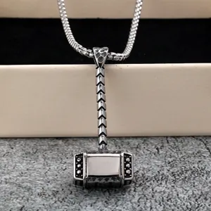 Vintage stainless steel Viking Thor's hammer pendant necklace for men, cool retro jewelry.