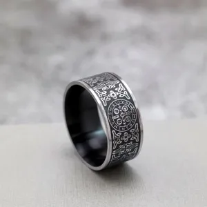Vintage stainless steel men ring Saint Benedict cross exorcism band gothic jewelry
