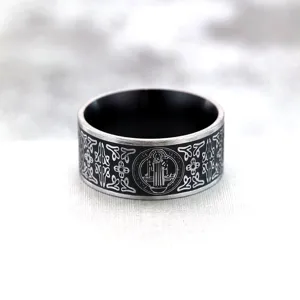 Vintage stainless steel men ring with Saint Benedict cross exorcist design main view